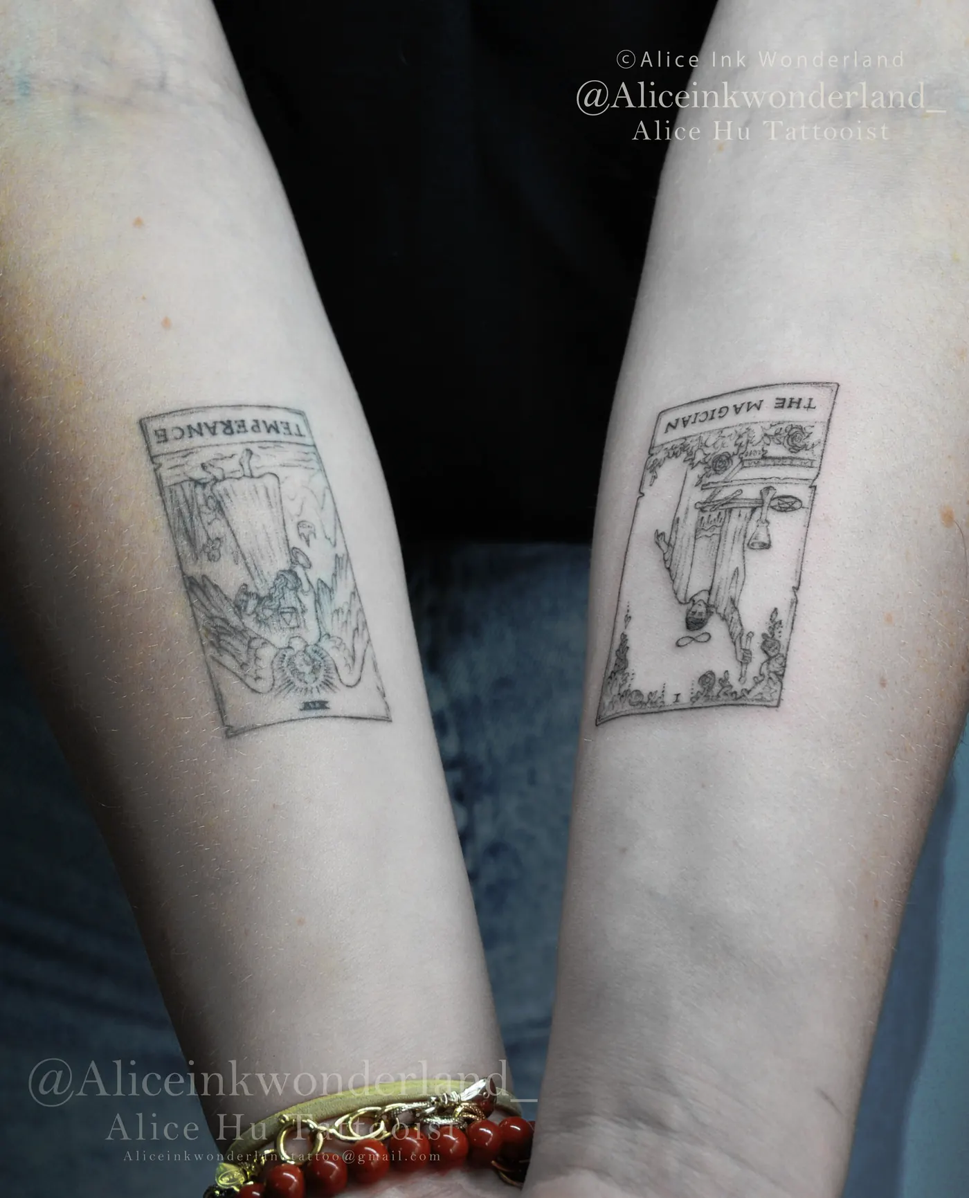 Two fine-line tarot card tattoos — Temperance and The Magician — on forearms, by Alice Ink Wonderland