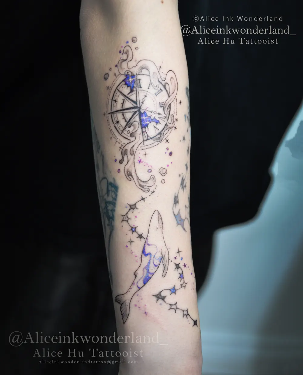 Compass and whale fine-line tattoo on a forearm, by Alice Ink Wonderland