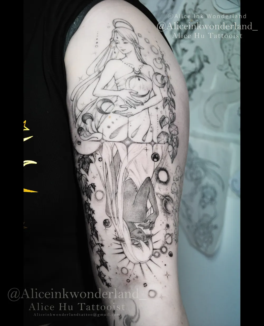 Phases of the moon illustrative tattoo with a robed figure on an upper arm, by Alice Ink Wonderland