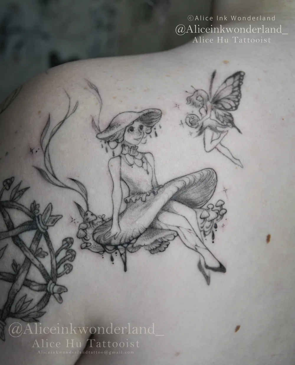 Mushroom girl with a small fairy tattoo on a shoulder, by Alice Ink Wonderland